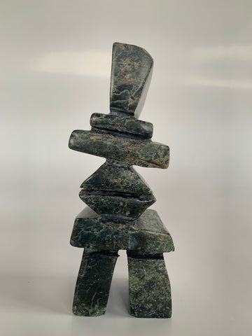 Soapstone, sculpture, carving, inuit, serpentine, green, inukshuk, seal, phoque, loon, bird, handcrafted, made in canada,canadian, Canadian made, Canadian heritage,montreal, old port, local, high quality, international shipping, shipping, usa, europe, heritage gallery, heritage galerie, www.heritagegallery.ca, cape doest, iqualuit, native, polar bear, igloo, eskimo, north, art stone, marble, rock, artist, drummer, dancing, man, caribou bone, Hunter, black, dark, Isacie Shaa, inukshuk, carving