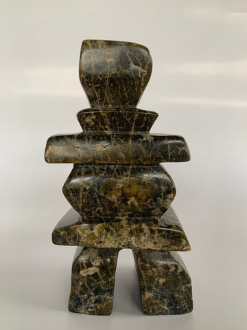 Soapstone, sculpture, carving, inuit, serpentine, green, inukshuk, seal, phoque, loon, bird, handcrafted, made in canada,canadian, Canadian made, Canadian heritage,montreal, old port, local, high quality, international shipping, shipping, usa, europe, heritage gallery, heritage galerie, www.heritagegallery.ca, cape doest, iqualuit, native, polar bear, igloo, eskimo, north, art stone, marble, rock, artist, drummer, dancing, man, caribou bone, Hunter, black, dark, Taukie Ashevak, inukshuk, carving