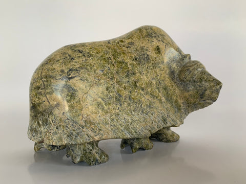 Soapstone, sculpture, carving, inuit, serpentine, green, inukshuk, seal, phoque, loon, bird, handcrafted, made in canada,canadian, Canadian made, Canadian heritage,montreal, old port, local, high quality, international shipping, shipping, usa, europe, heritage gallery, heritage galerie, www.heritagegallery.ca, cape doest, iqualuit, native, polar bear, igloo, eskimo, north, art stone, marble, rock, artist, drummer, dancing, man, caribou bone, Hunter, black, dark, muskox, Pudlalik Shaa